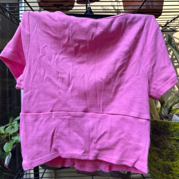 PACSUN Vivid Pink Ribbed Crop Top Cuffed Sleeve Women’s Size Small - Picture 5 of 5
